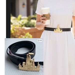 Disney Parks Gold Fantasyland Castle Buckle Black Belt - NWT